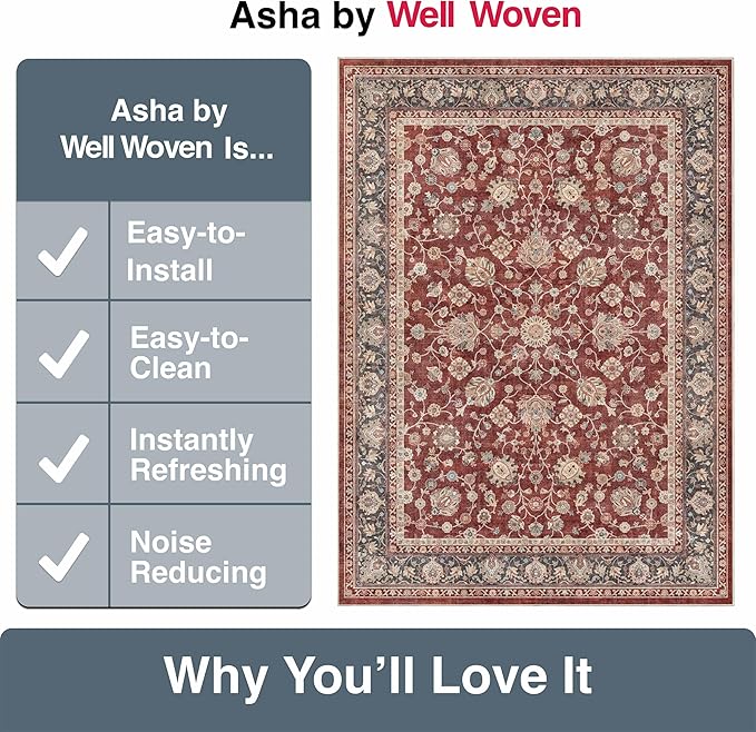 Well Woven Asha Rome Red 5'3" x 7'3" Area Rug - Oriental Floral Pattern, Easy Clean, Floor-Friendly Backing - for Living Room, Bedroom, and Dining Room