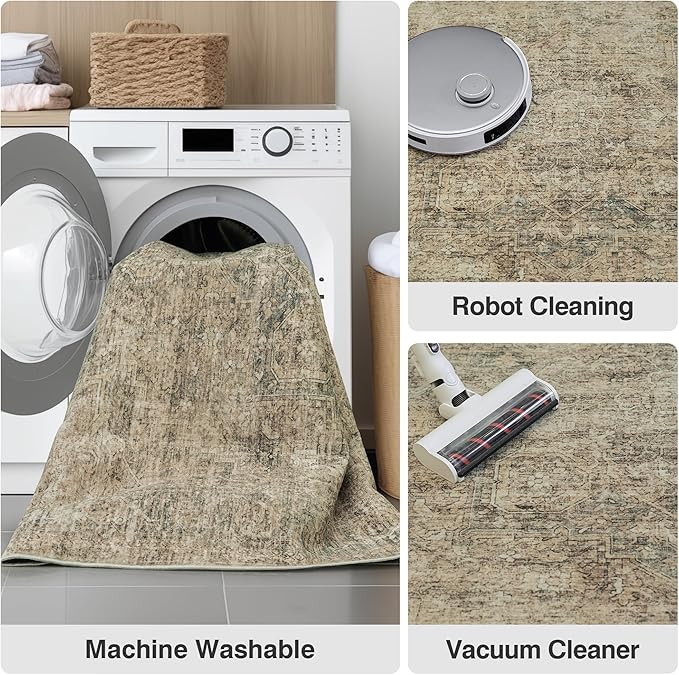 FMFUNCTEX 4x6 Washable Area Rug Neutral Vintage Brown Distressed Non Slip Low Pile Traditional Indoor Carpet for Entryway Living Room Bedroom Soft Retro Throw Rug for Dining Office Kitchen Entryway