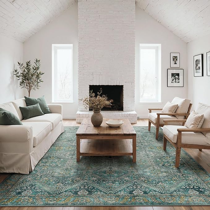 Bavni 8x10 Area Rugs for Living Room, Machine Washable Rug Non Slip, Vintage Chenille Distressed Print Carpet, Large Low Pile Ultra-Thin Lightweight Rugs for Bedroom, Dining Room, Home, Office, Cyan