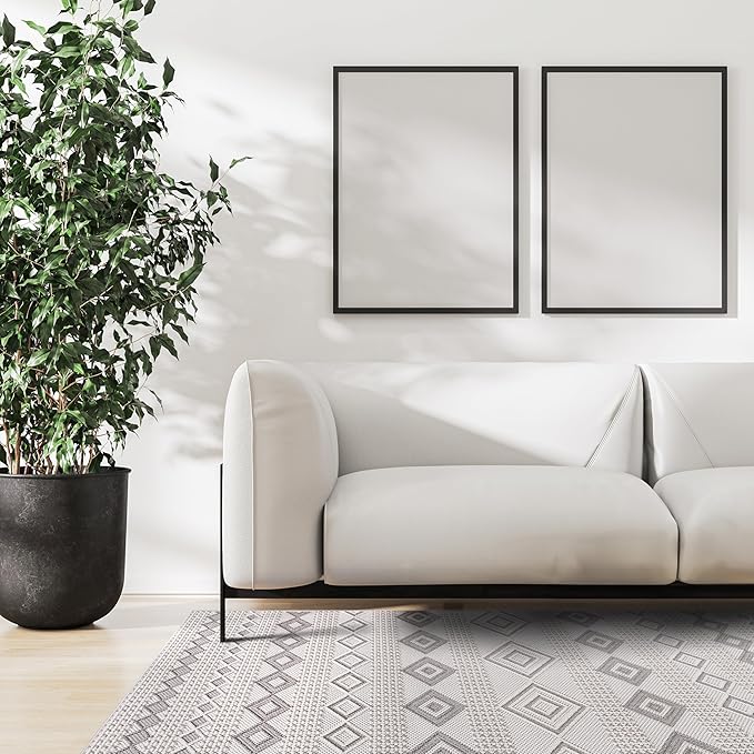 CAMILSON Micro Loop Rug 5x7 Modern Luxury Geometric Moroccan Diamond Area Rugs Soft High and Low Pile Stain Resistant Easy-Cleaning Non-Shedding for Living Room Office Indoor Carpet (5 x 7 White-Gray)