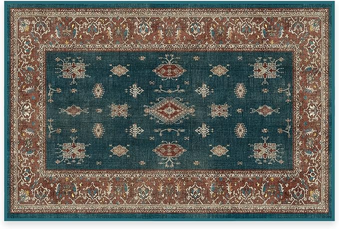 RUGGABLE Washable Vintage Area Rug – Verena Teal Blue 2x3, Stain-Resistant, Non-Slip – Small Machine Washable Rugs for Living Room, Bedroom, Hallway, Entryway & Bathroom–with Cushioned Pad