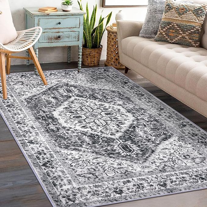 KOZYFLY Boho Area Rug 3x5 Ft Rugs for Entryway Washable Entry Rug Non Slip Door Mat Indoor Entrance Printed Faux Wool Vintage Kitchen Rug Throw Rugs for Kitchen Living Room, Grey