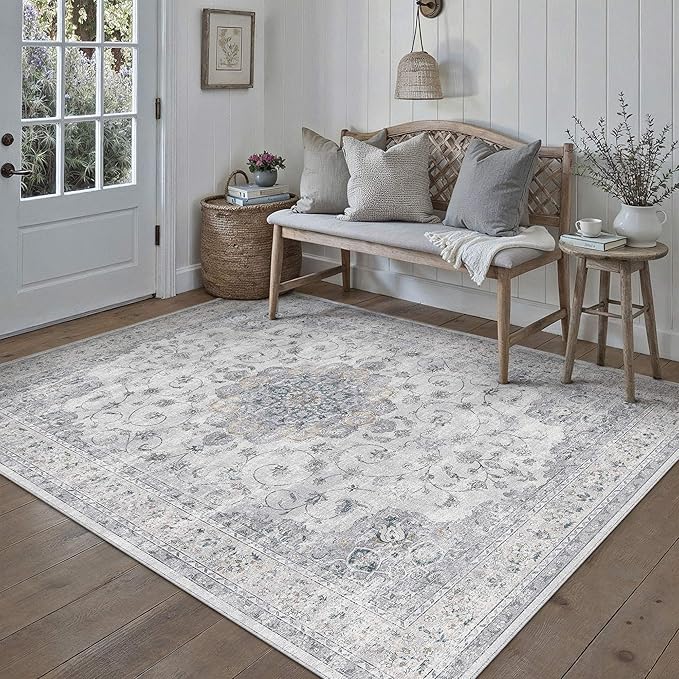 HUGEAR Machine Washable Area Rugs 5x8 Vintage Blue Living Room Bedroom Rug Neutral Style Non Slip Stain Resistant Low Pile Throw Carpet for Office Home Retro Aesthetic Modern Decor