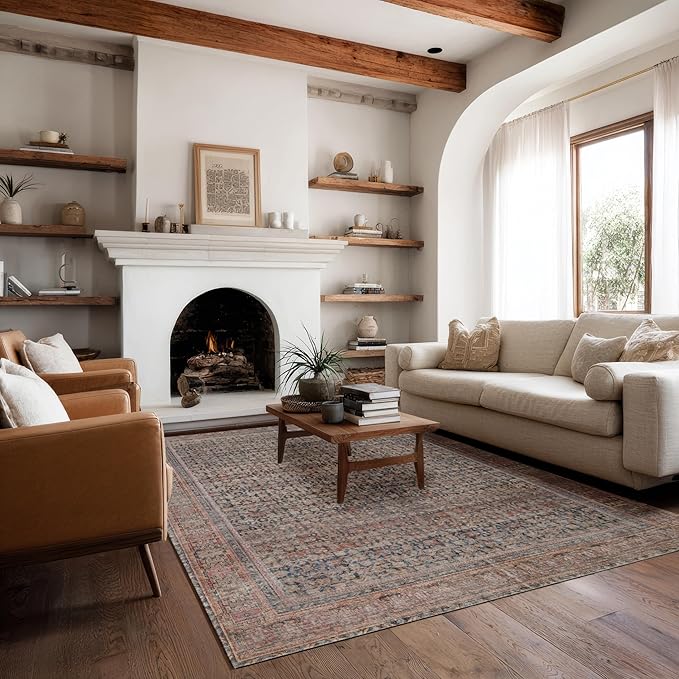 Kuden 9x12 Large Area Rug, Machine Washable Area Rug with Non-Slip Backing, Vintage Style, Soft, Easy Clean, Low Pile Rug for Living Room, Bedroom, Dining Room