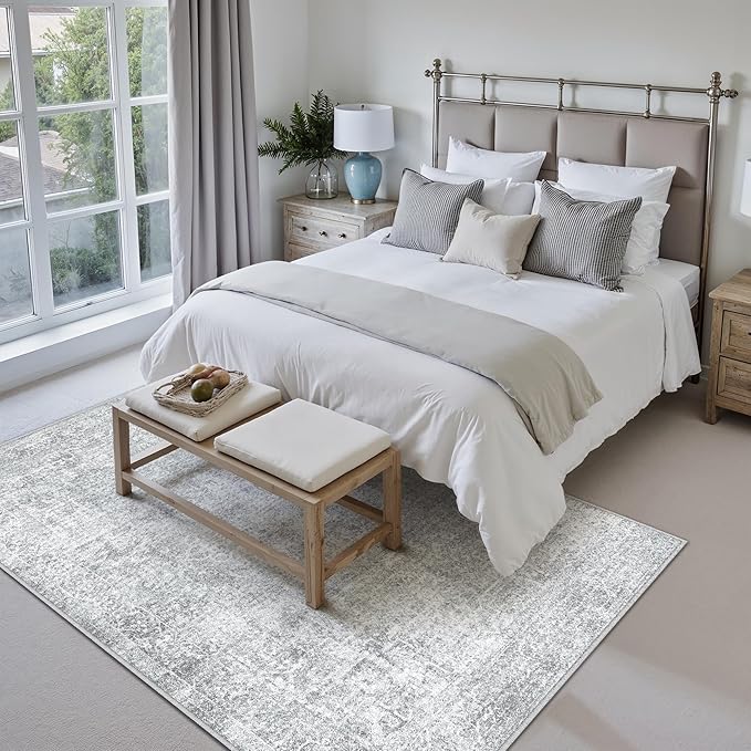 6x9 Area Rug Washable Vintage Living Room Carpet Large Indoor Non Slip Grey Bedroom Distressed Low Pile Retro Accent Throw Rug for Dining Room