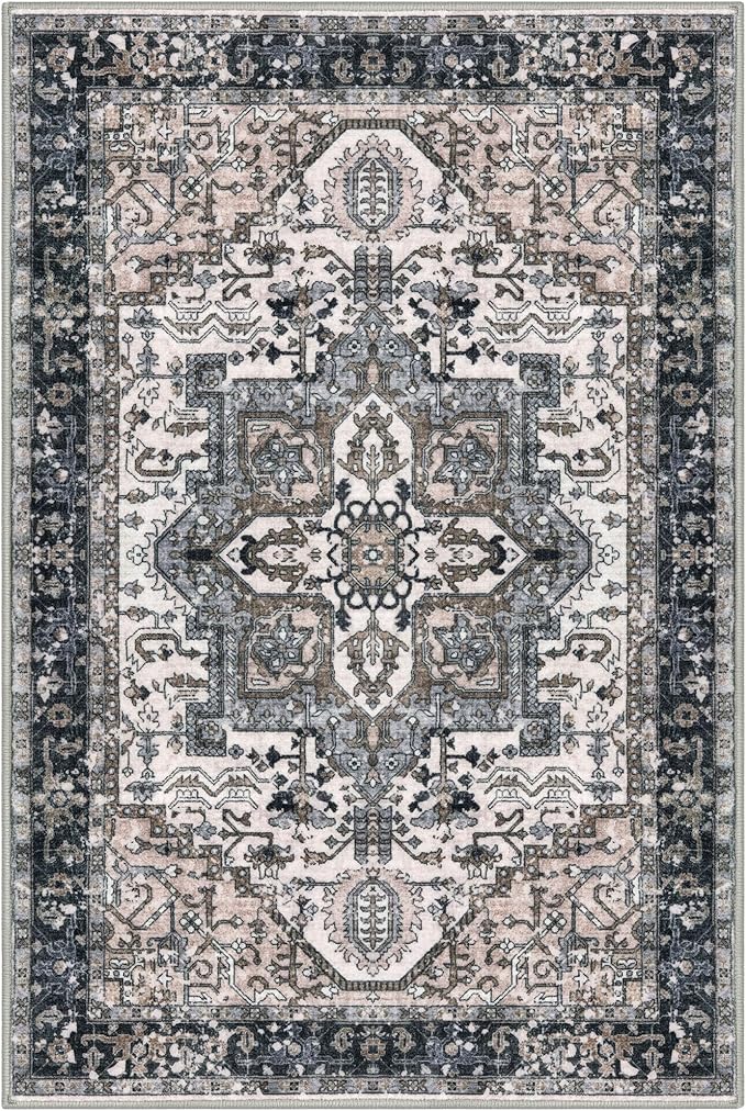 KOZYFLY Area Rug 4x6 Ft Washable Rugs for Entryway Non Slip Faux Wool Printed Throw Rug for Kitchen Bedroom Hallway Living Room Indoor Floor Decoration, Black/Taupe/Beige
