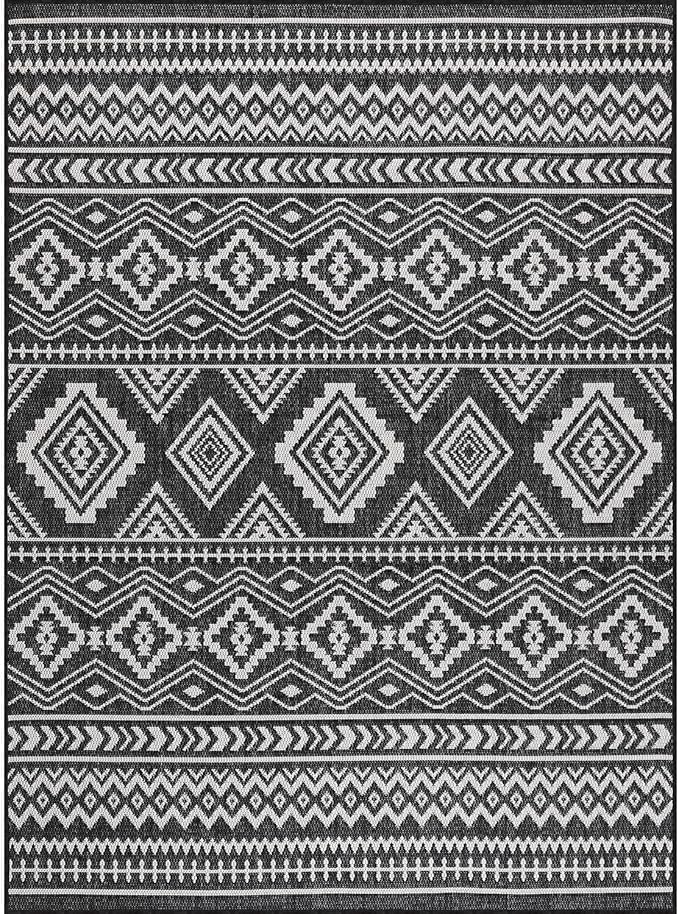 Beverly Rug Waikiki Boho Indoor Outdoor Rug 5x7, Washable Outside Carpet for Patio, Deck, Porch, Bohemian Area Rug, Farmhouse Rugs, Aztec Tribal Rug, Black and White