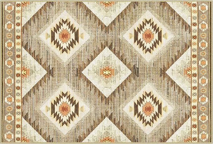 Area Rug 7x9 Rug Machine Washable Non-Slip Low Pile Print Pattern Western Rug for Living Room Bedroom Entryway Tribal Series-Cream/Camel