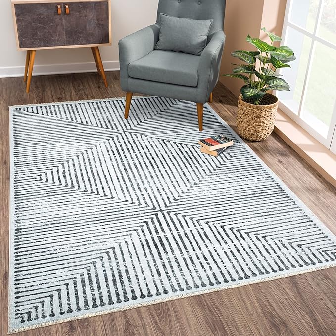Bloom Rugs Caria Washable Non-Slip 5x7 Rug - Ivory/Black Striped Area Rug for Living Room, Bedroom, Dining Room, and Kitchen - Exact Size: 5' x 7'