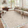 GarveeHome Washable Living Room Rug 9x12 Floral Bordered Area Rugs Soft Thin Indoor Carpet for Bedroom Modern Throw Aesthetic Mat Non Slip Stain Resistant Carpet for Dining Room Office, Light Camel