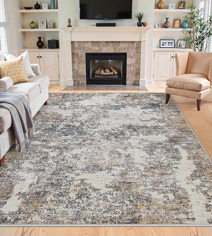 4x6 Washable Area Rugs - Modern Abstract Rugs for Living Room Non-Slip Low Pile Soft Machine Washable Carpet for Bedroom, Dining Room, Nursery, Home Office, Farmhouse (4'x6' Tan Blue)