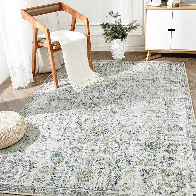jinchan Kalen Area Rug 6x9 Washable Living Room Rug Vintage Indoor Large Floor Cover Retro Distressed Floral Country Boho Lightweight Non Slip Thin Carpet for Kitchen Bedroom Dining Room Office Blue