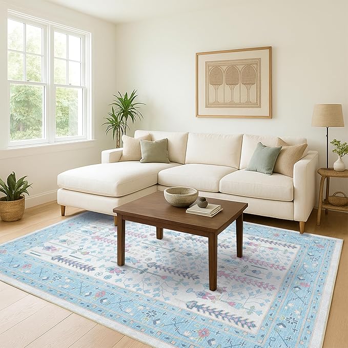 Cream Blue Oushak Runner Rug, Modern Runners, Vintage, Turkish, Eclectic, Floral, Pastel, Washable, Long Runner Rugs for Hallway, Kitchen, Living Room, Bedroom, Kitchen, Bathroom, 2'5"x13'