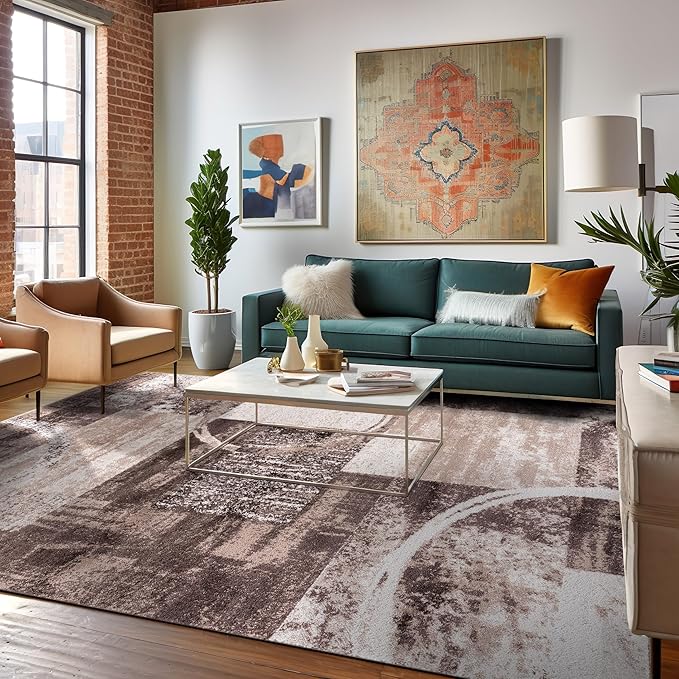 Rugshop Contemporary Abstract Circle Design Area Rug, Fade-Resistant Carpet for Living Room, Dining Room, or Office, Brown, 8'8" x 12'