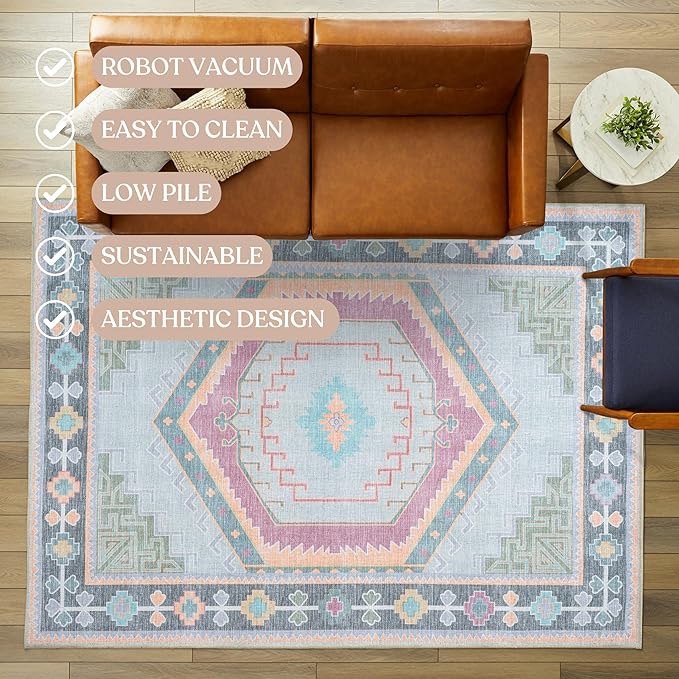 Fame Living Washable Area Rug. Modern Farmhouse. Vintage. Turkish. Bohemian. Distressed. Oriental. Traditional. Rugs for Living Room. Dining. Bedroom. Office. Entryway. Foyer. (856GP, 5' x 6'9")