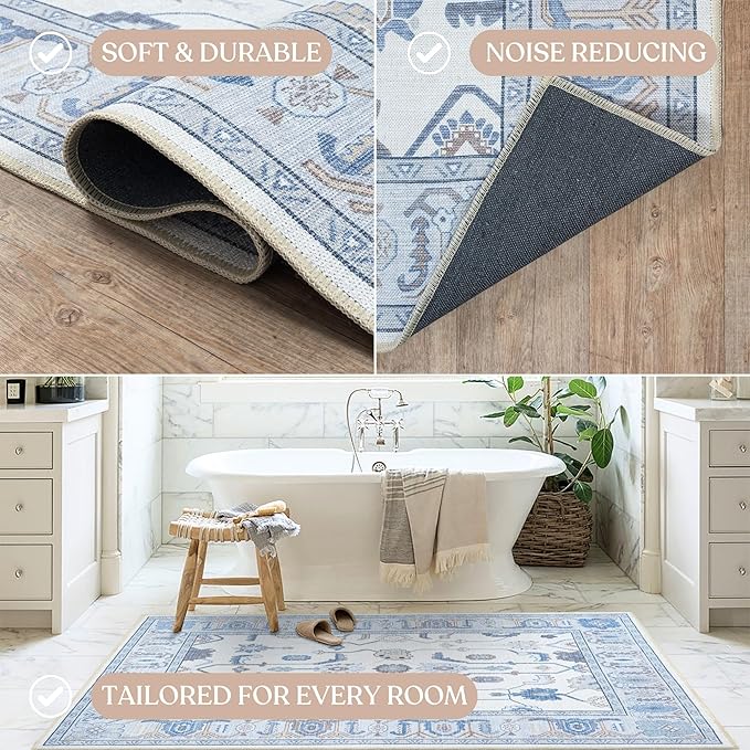 Fame Living Cream Blue Oushak Rug, Modern Small Rugs, Vintage, Turkish, Eclectic, Floral, Pastel, Washable, Door Mat, Doormat for Indoor Entrance, Entryway, Kitchen, Bathroom, Bedroom, Laundry, 2'x3'