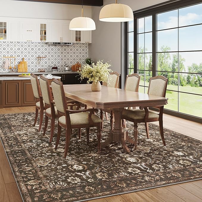 8x10 Washable Rugs for Living Room, Soft Large Rugs Brown Area Rug, Indoor Vintage Carpet for Bedroom Dining Room Office, Rubber Backed Non Slip Low Pile Mat, Dark Brown