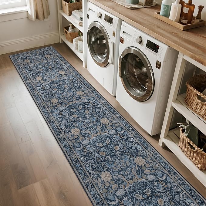 Washable Runner Rug 2x8: Vintage Boho Floral Carpet Runners for Hallway Entryway Non-Slip - Soft Botanical Low Pile Thin Mat for Kitchen Bathroom Bedroom Laundry Floor Decor - Slate Blue