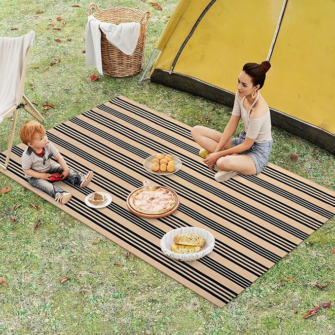 Black and Khaki Striped Rug 5'x7', Washable Outdoor Rugs Cotton Hand Woven Front Porch Rugs, Reversible Patio Rug Foldable Large Throw Rugs for Living Room Home Entrance