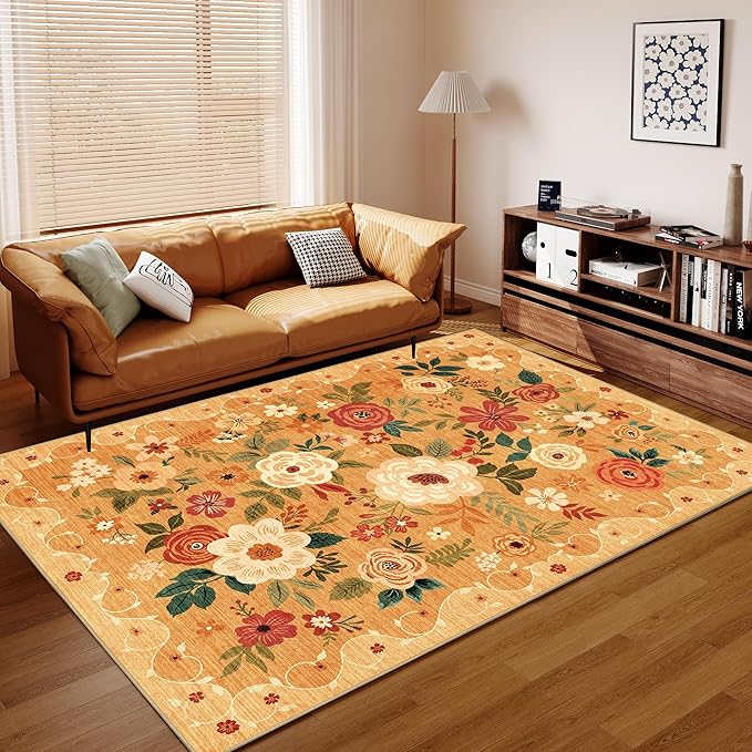 DUKINO 9x12 Area Rug, Floral Rugs for Living Room, Lightweight Non Slip Washable Rug, Indoor Low Pile & Non-Shedding Boho Design Rugs for Bedroom, Living Room, Dining Room, Orange