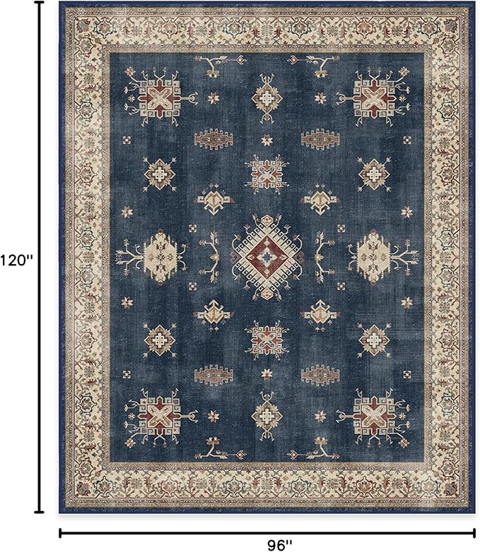 RUGGABLE Washable Vintage Area Rug – Verena Sapphire 8x10, Stain-Resistant, Non-Slip – Large Machine Washable Rugs for Living Room, Bedroom, Hallway, Entryway & Office–with Standard Pad