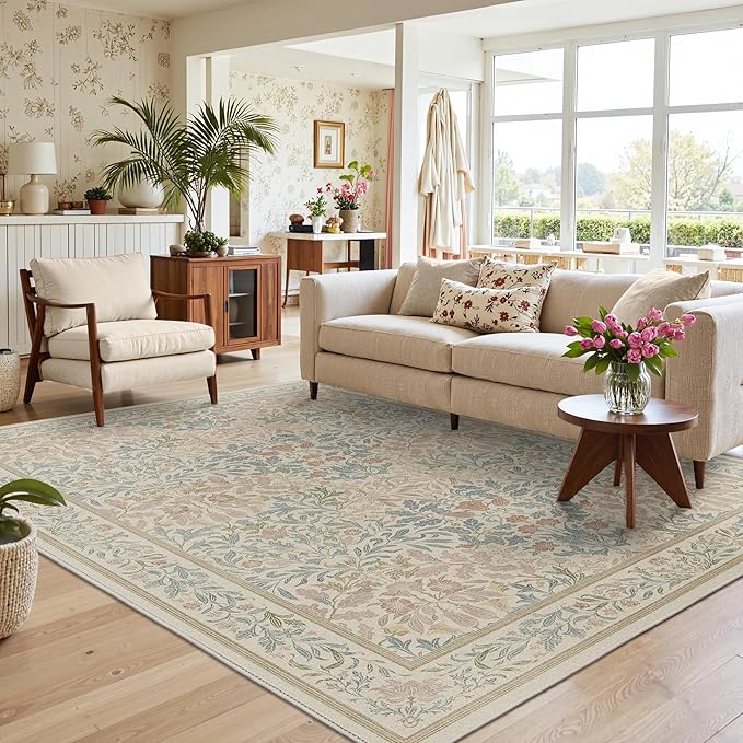 Bavni Floral Beige Pink Area Rugs 6x9, Vintage Boho Carpet Machine Washable, Non Slip Soft Low Pile Thin Rug for Bedroom, Living Room, Dining Room, Nursery
