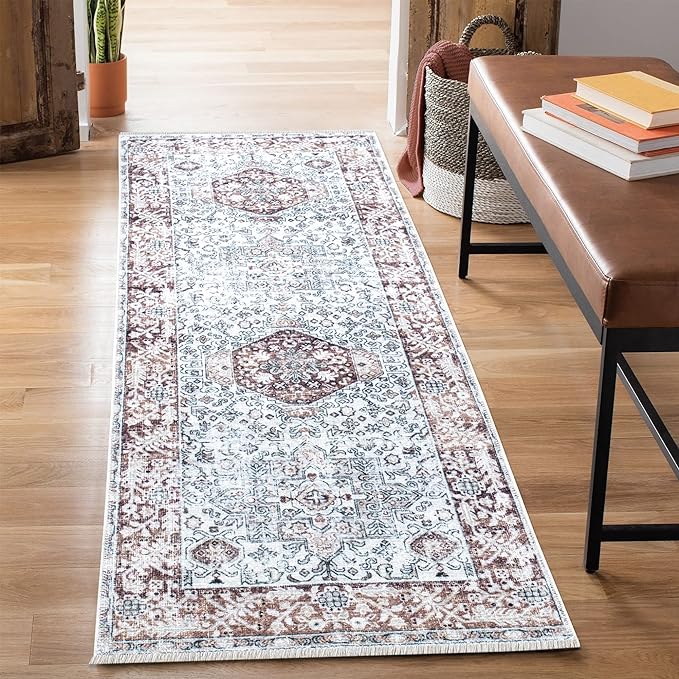 Bloom Rugs Caria Washable Non-Slip 12 ft Runner - Beige/Brown Traditional Runner for Entryway, Hallway, Bathroom, and Kitchen - Exact Size: 2'6" x 12'