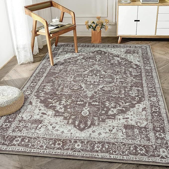 Bloom Rugs Washable Non-Slip 4' x 6' Rug - Dark Brown Traditional Medallion Area Rug for Living Room, Bedroom, Dining Room, and Kitchen - Exact Size: 4' x 6'