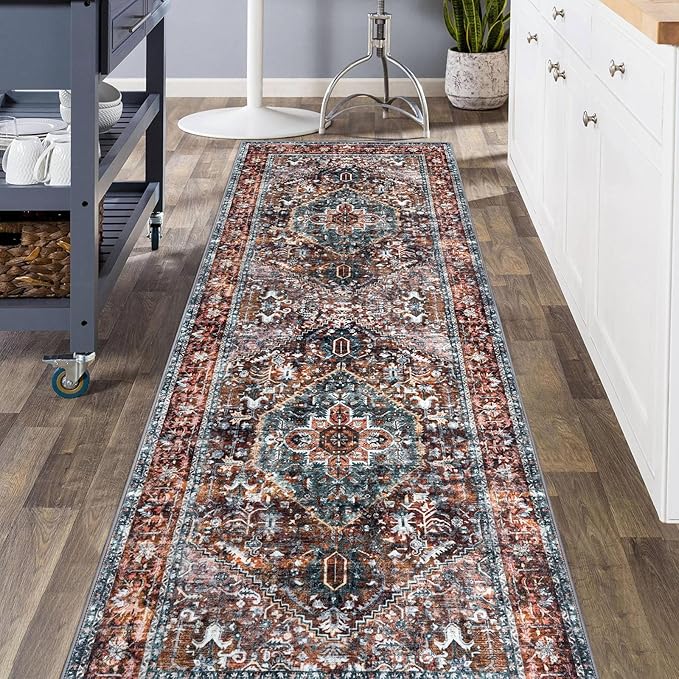 KOZYFLY Area Rug 3x8 Ft Washable Boho Runner Rug for Entryway Hallway Indoor Printed Oriental Faux Wool Carpet for Kitchen Bedroom Hall, Brick Red/Orange/Green