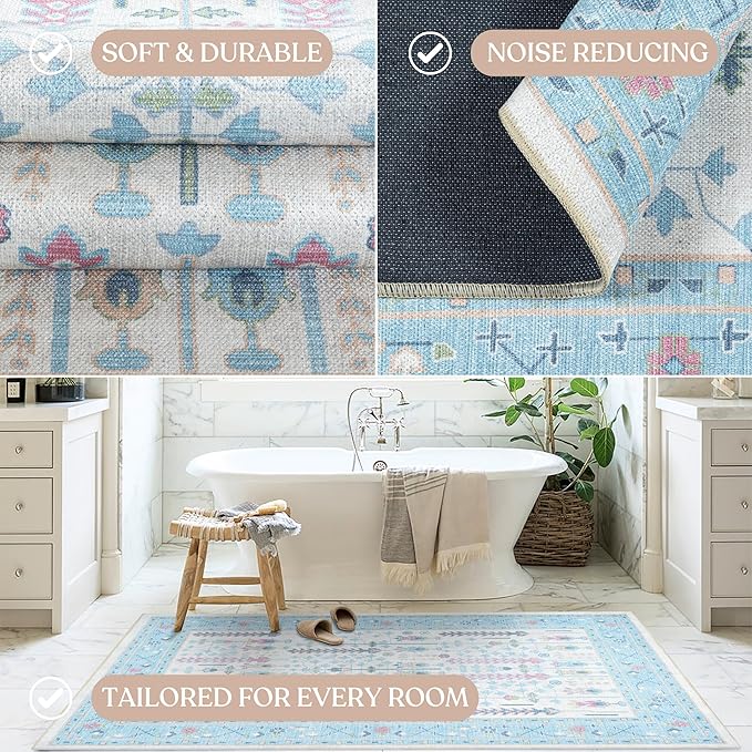 Cream Blue Oushak Runner Rug, Modern Runners, Vintage, Turkish, Eclectic, Floral, Pastel, Washable, Long Runner Rugs for Hallway, Kitchen, Living Room, Bedroom, Kitchen, Bathroom, 2'5"x13'
