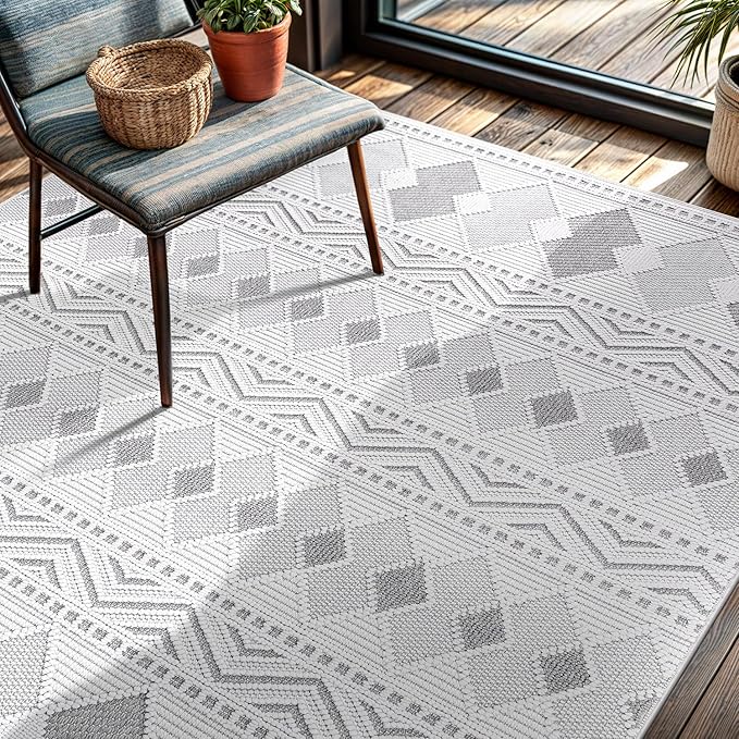 CAMILSON Micro Loop Rug 4x6 Modern Luxury Geometric Boho Diamond Area Rugs Soft High and Low Pile Stain Resistant Easy-Cleaning Non-Shedding for Living Room Office Indoor Carpet (4 x 6 / White - Gray)
