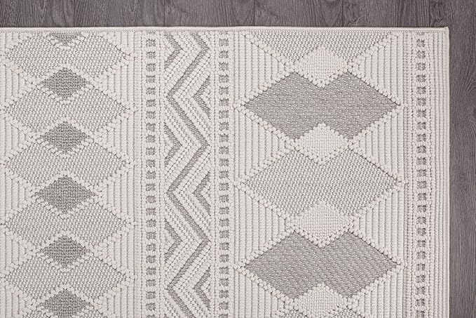CAMILSON Micro Loop Rug 5x7 Modern Luxury Geometric Boho Diamond Area Rugs Soft High and Low Pile Stain Resistant Easy-Cleaning Non-Shedding for Living Room Office Indoor Carpet (5 x 7 / White - Gray)