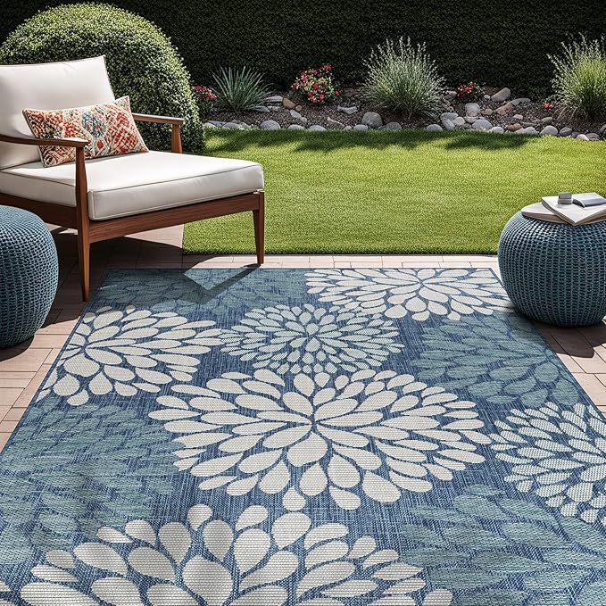Beverly Rug Outdoor Rug 8x10 Modern Exotic Tropical Leaf Area Rugs for Indoor and Outdoor Patio Deck Porch Garden Water Resistant Washable Outside Carpet (8 x 10 Blue)