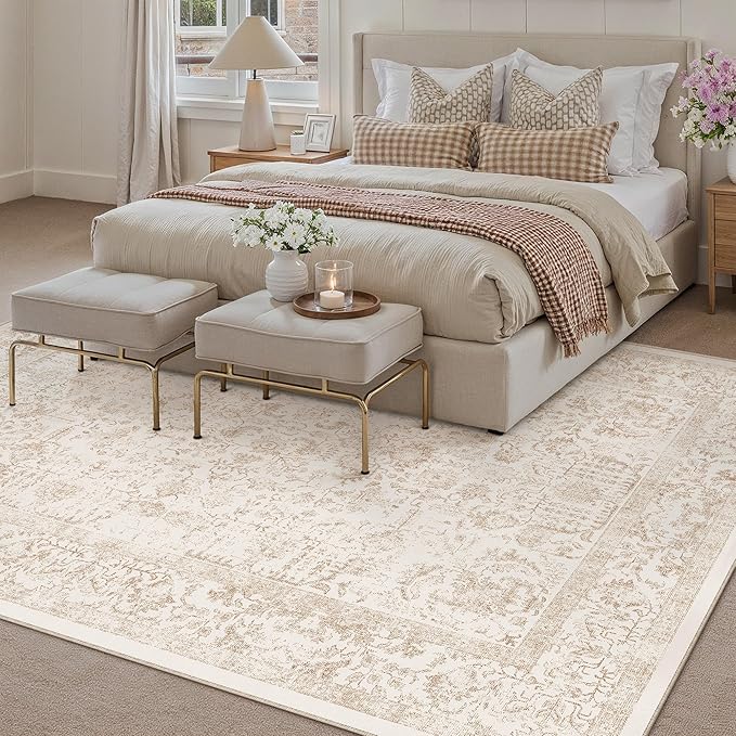 Beige Area Rug 5x8 Machine Washable Vintage Living Room Distressed Non Slip Carpet Traditional Indoor Bedroom Retro Floral Accent Throw Large Rug for Office Kitchen Bathroom Dining Room