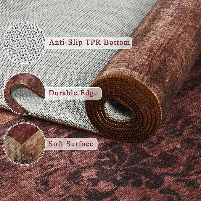 Tepook Modern Area Rug for Living Room, 6x9 Geometric Large Rugs for Bedroom, Washable Patchwork Rug Indoor Non-Slip Throw Carpets for Dining Room Office Farmhouse Home Decor, Red