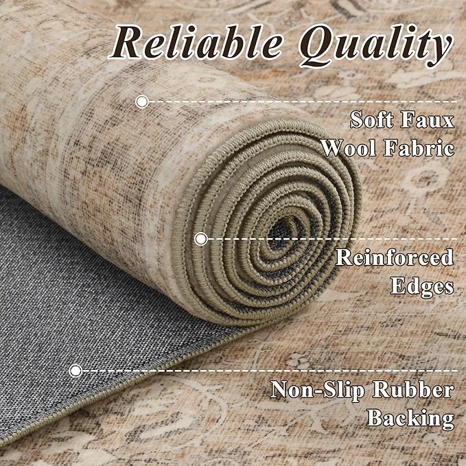 2.6x8 Runner Rug for Hallways Vintage Distressed Non Slip Long Carpet Floral Boho Distress Print Pattern Mat Lightweight Retro Accent Throw Carpet for Kitchen Bedroom Bedside Laundry Room﻿-Khaki