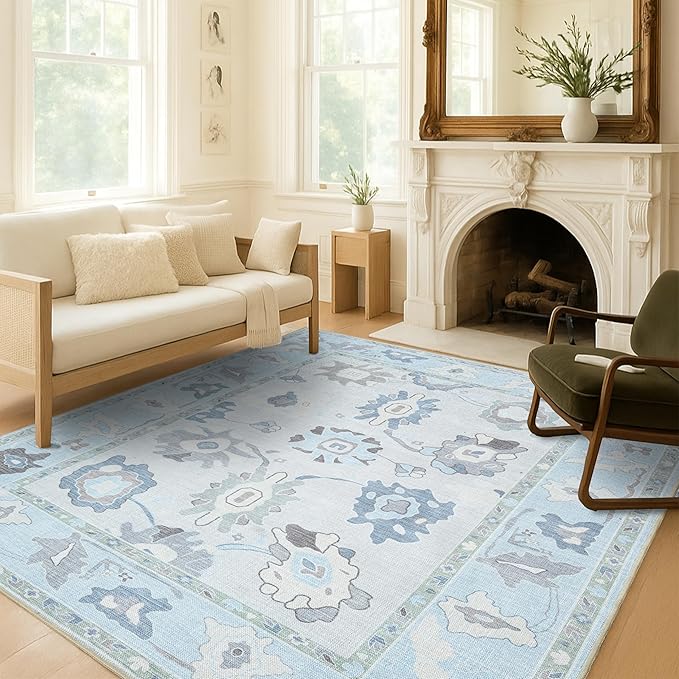 Fame Living Cream Blue Oushak Runner Rug, Modern Runners, Vintage, Turkish, Eclectic, Floral, Pastel, Washable, Long Runner Rugs for Hallway, Kitchen, Living Room, Bedroom, Kitchen, Bathroom, 2'5"x13'
