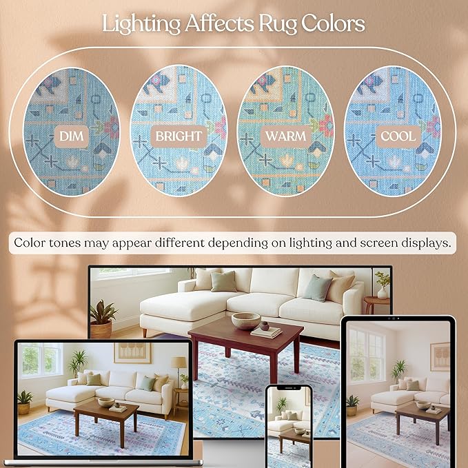 Fame Living Cream Blue Oushak Rug, Modern, Vintage, Turkish, Eclectic, Floral, Pastel, Washable, Area Rugs for Living Room, Dining, Bedroom, Nursery, Girls, Boys, 5'9"x8'9"