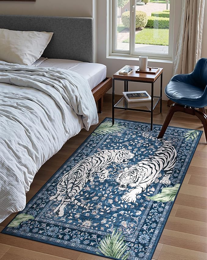 Moynesa Tiger Machine Washable Rug, 3x5 Entry Area Rug Non Slip Vintage Soft Rug for Living Room, Ultra Thin Boho Stain Resistant Kitchen Throw Mat for Entrance Bedside, Blue