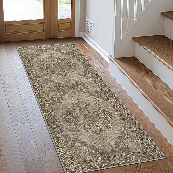 GENIMO 2'6''x6 Runner Rugs for Hallway, Machine Washable Non Slip Vintage Rugs, Low Pile Lightweight Soft Print Rug for enrtyway, Corridor, Home Office, Kitchen, Rustic Brown