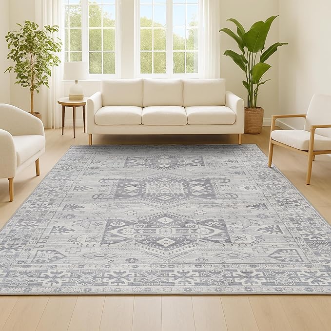 JONATHAN Y Modern Vintage Medallion Light Grey Indoor Area Rug, 4x6, Country, Floral, Easy-Cleaning for Living Room, Bedroom, Kitchen, Pet Friendly, Non-Shedding (MDP108B-4)