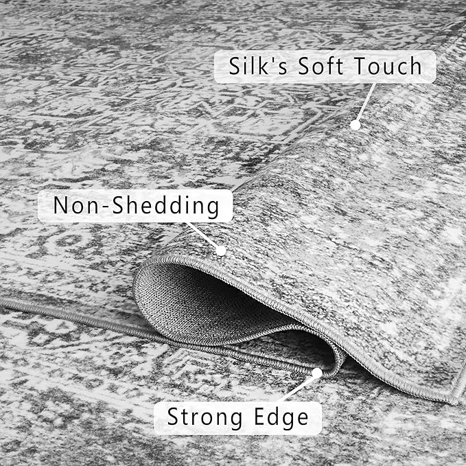 vivorug 8x10 Area Rugs, Stain Resistant Washable Rug for Living Room, Vintage-Inspired Grey Rug