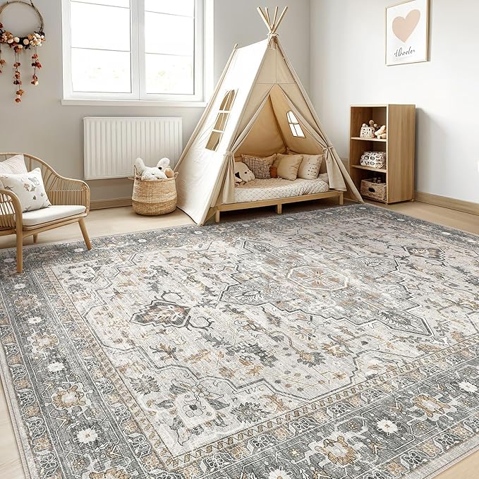8x10 Area Rugs Living Room: Washable Boho Large Neutral Vintage Soft Rug Stain Resistant Distressed Farmhouse Non-Slip Indoor Floor Carpet for Bedroom Nursery Kids Office Dining Room- Taupe