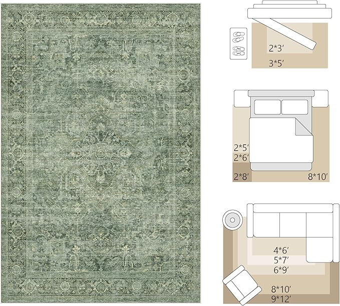 FMFUNCTEX 4x6 Washable Area Rug Green Neutral Vintage Distressed Oriental Non Slip Low Pile Traditional Entryway Indoor Carpet for Living Room Bedroom Soft Retro Throw Rug for Dining Office Entrance