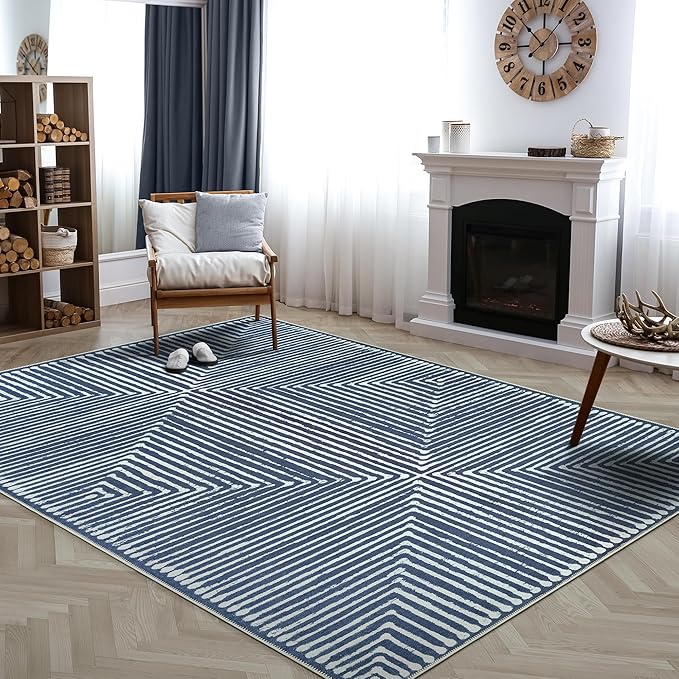 Bloom Rugs Washable Non-Slip 9' x 12' Rug - Blue Striped Area Rug for Living Room, Bedroom, Dining Room, and Kitchen - Exact Size: 9' x 12'