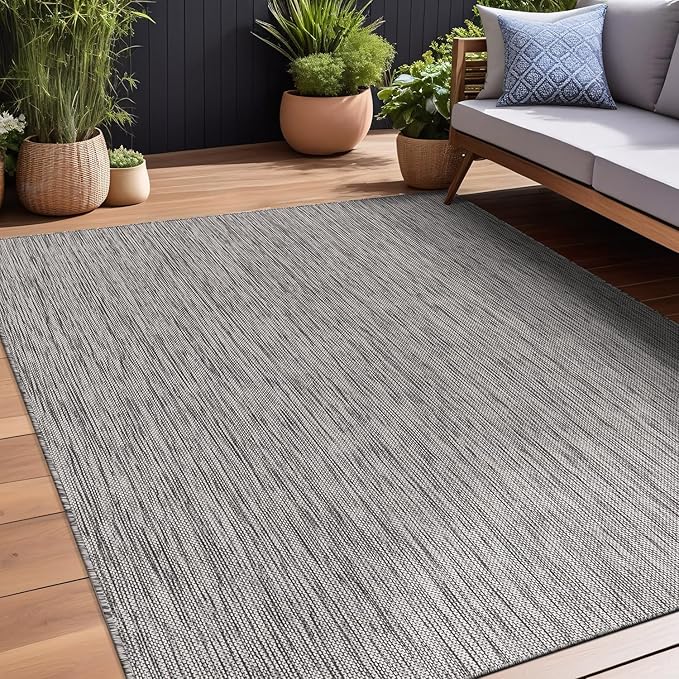 Beverly Rug Indoor Outdoor Rug 5x7, Washable Outside Carpet for Patio, Deck, Porch, Solid Modern Area Rug, Water Resistant, Silver Gray