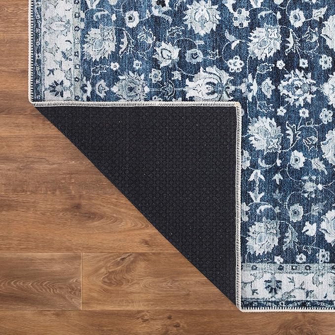 Bloom Rugs Washable Non-Slip 8' x 10' Rug - Dark Blue Traditional Bordered Area Rug for Living Room, Bedroom, Dining Room, and Kitchen - Exact Size: 8' x 10'