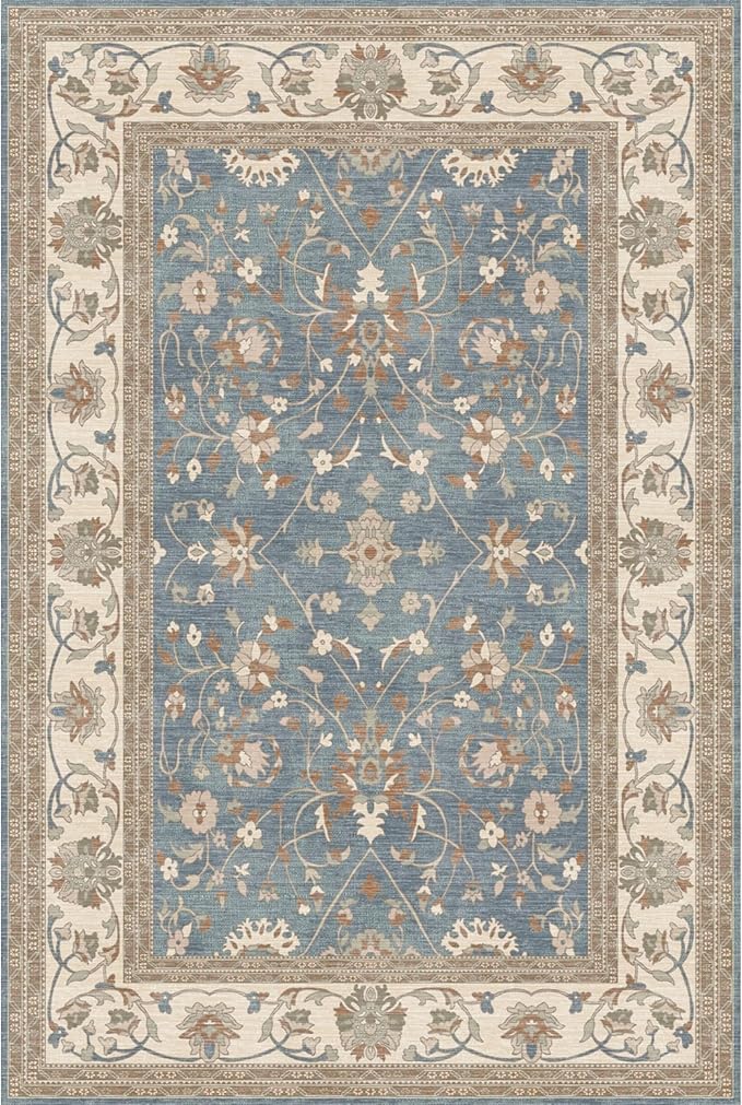 Kuden 5x7 Area Rug, Machine Washable Area Rug with Non-Slip Backing, Vintage Style, Soft, Easy Clean, Low Pile Rug for Living Room, Bedroom, Dining Room
