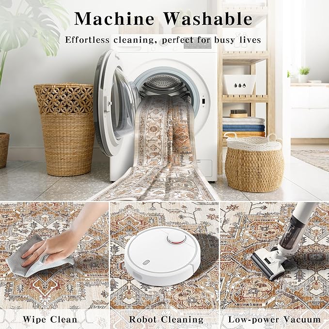 4x6 Area Rug for Bedroom Machine Washable Low Pile Vintage Distressed Rugs Stain Resistant Faux Wool Rug Ultra Soft Non-Slip Area Rugs for Living Room, Playroom, Kitchen,Home Office