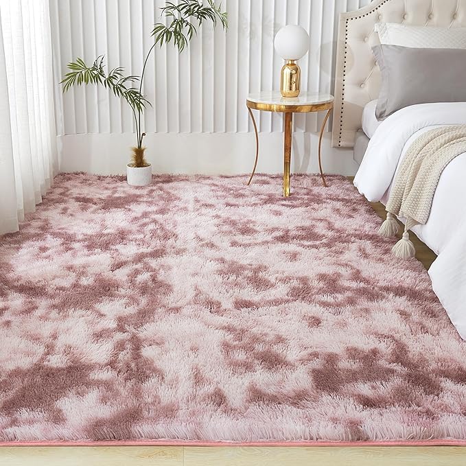 Andency Area Rugs 9x12 for Living Room Home Decor, Large Shaggy Bedroom Carpet, Non-Slip Big Shag Indoor Thick Soft Fluffy Furry Fur Area Rugs for Kids Dorm Nursery Aesthetic, Tie-Dyed Dusty Pink